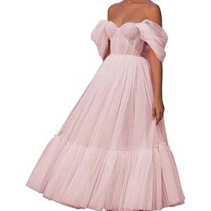Puffy Sleeve Long Off Shoulder Dotted Tulle Ruffles Gown, Blush Pink, Size 8